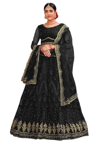 Indya Women's Black Net Embroidered Lehenga Set with Three-Quarter Sleeve and Boat Neck