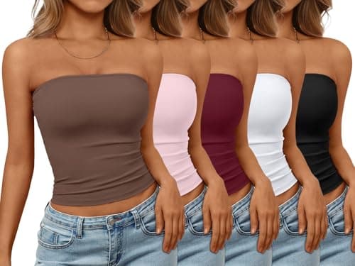 Trendy Queen Womens 5 Pack Crop Tube Tops Cute Strapless Bandeau 2026 Summer Going Out Sleeveless Backless Trendy Clothes Coffe,Pink,Burgundy,White,Black M