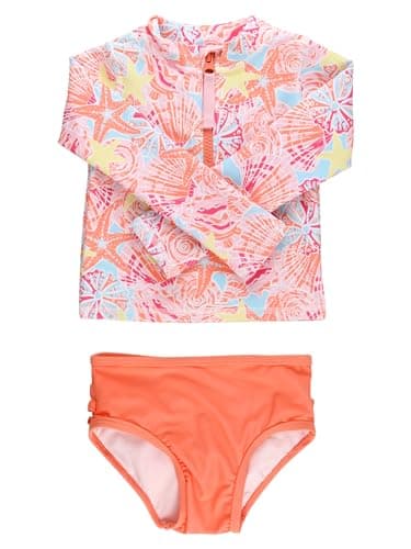 RuffleButts Baby/Toddler Girls Long Sleeve Rash Guard 2 Piece Swimsuit Set w/UPF 50+ Sun Protection with Zipper - Sunset Seashells, 2T