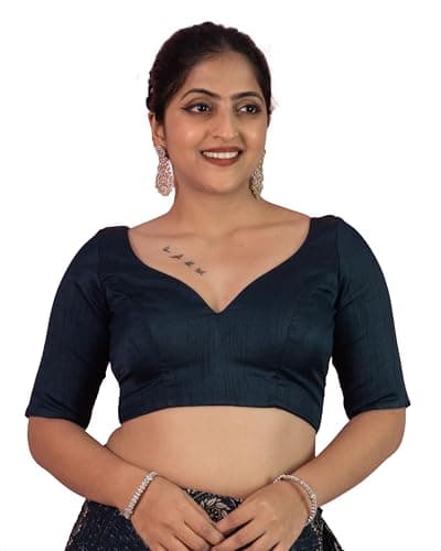 FIGURE'S DESIGNER Women's Dupion Raw Silk Half Elbow Sleeves Sweetheart V Neck Sabyasachi Cut Readymade Saree Blouse Padded Stitched Lining Designer Indian Festive Blouse S10 (Navy Blue, 50)