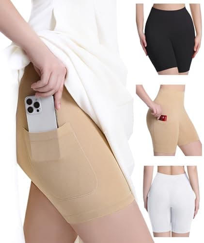 Okimay 3 Pack Slip Shorts for Under Dress with Pocket Smooth Anti Chafing Shorts Women Bike Shorts