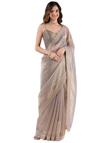Svayi Women’s Net Gold Siroski Stone Embroidery Border work Saree for Wedding Festive Party Style Sari with Blouse Piece (SR1260-LightGrey)
