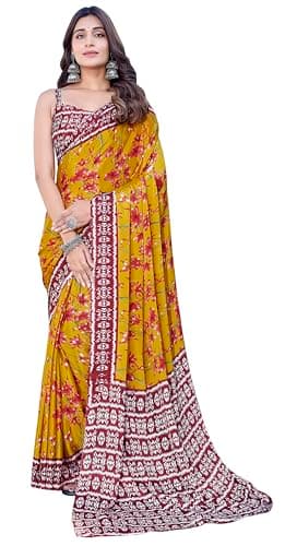 IMTRA FASHION Women Indian Sari Printed Chiffon Saree with Unstitched Blouse Piece-Yellow