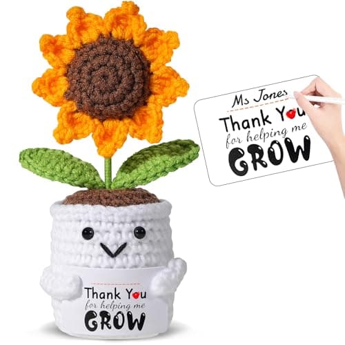 Teacher Appreciation Gifts for Women - Handmade Crochet Sunflower Pot with “Thank You for Helping Me Grow” Personalized Card, Graduation End of Year Teacher Retirement Gift, Thank You Gifts for Women
