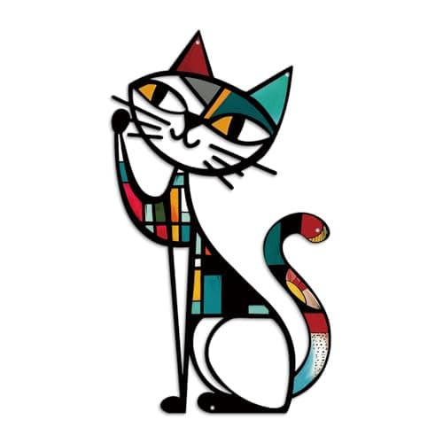 Putuo Decor Cat Metal Wall Decor, Iron Wall Hanging for Cat Lovers, Colorful Mid-Century Geometric Retro Wall Sculpture for Living Room Bedroom Kitchen Office, 13.77 x 9.84 in