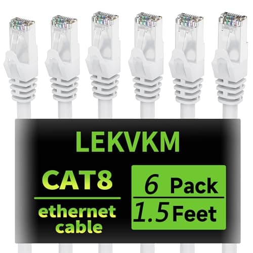 LEKVKM Cat8 Ethernet Cable 1.5 ft, 6-Pack S/FTP Shielded LAN Network Cord, 40Gbps 2000MHz Heavy Duty High Speed, Ideal for Server Rooms, Routers, Switches – White