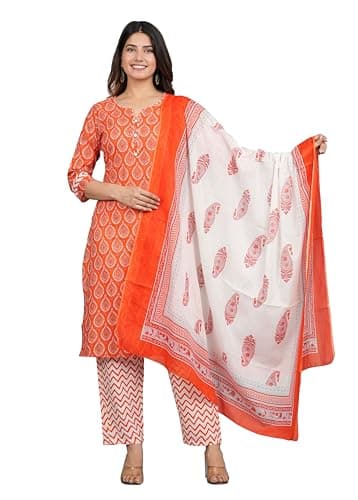 Ambararambh Women’s Orange Kurta Set with White Dupatta –3/4 Sleeve– Elegant Ethnic Wear for Festivals, Traditional Functions (Orange, Medium)