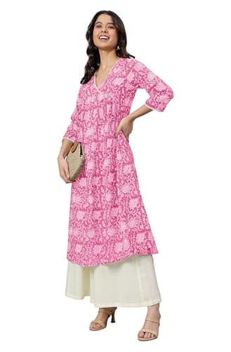 Janasya Indian Women's Cotton Pink Floral Print Casual Wear Kurta for Women