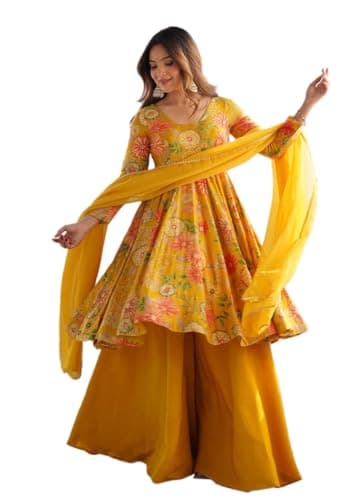 Indya Yellow Floral Print Chanderi Sharara Set for Haldi | Long Sleeve | V-Neck | Indian Ethnic Wear