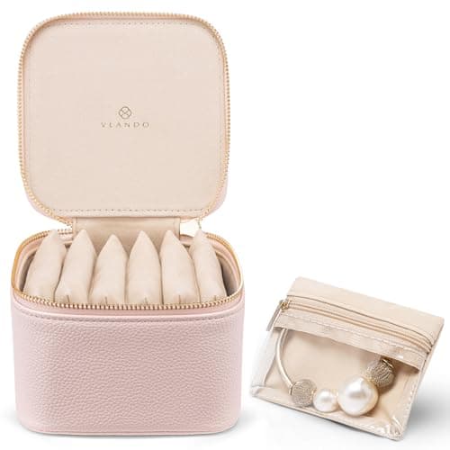 VLANDO Travel Jewelry Organizer Case with 6 Clear Velvet Zipper Pouches, Faux Leather Jewelry Storage Box for Rings, Earrings, Necklaces and Bracelets, Gift for Women Girls
