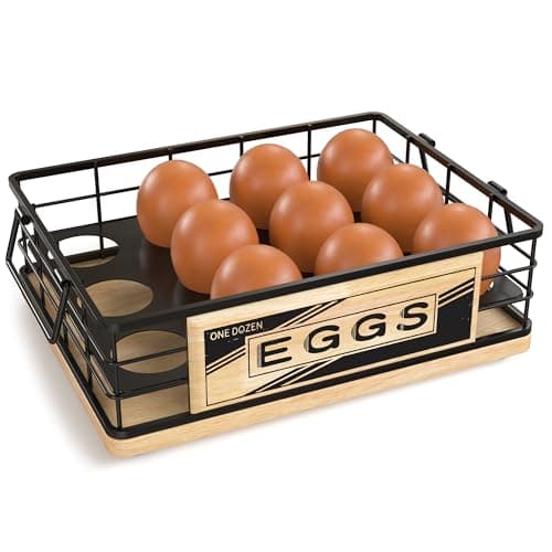 Farmhouse Egg Holder Countertop, Oak Wood & Metal Egg Basket with Handles