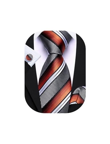 Barry.Wang Burnt Orange Grey Tie for Men Striped Silk Necktie Pocket Square Cufflinks Set Formal Wedding Party Business