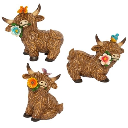 YeehaWhoo Highland Cow Spring Decor, 3 Pcs Highland Cow Figurine with Butterfly Sunflower Bird, Spring Day Gifts Rustic Resin Ornaments Statue for Farmhouse Tiered Tray Table Home Decoration