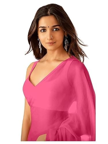AL KASEEN Women's Plain Pure Georgette Saree With Unstitched Blouse Piece (Rocky Aur Rani Ki Prem Kahani Alia Bhatt Saree) (Baby Pink, Free Size)