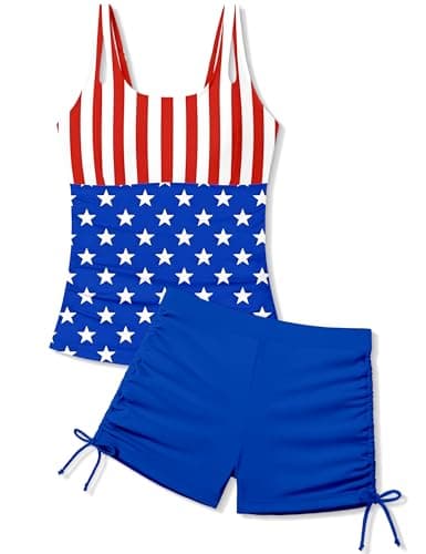 Aulyffo 4th of July Swimsuit Girls 12-14 Girl 4th of July Bathing Suit Size 12-14 Girls Tankini Swimsuit Sets Contrast Trim Swim Tank Top and Boyshorts