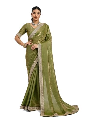 Svayi Women’s Shimmer Satin Sequins Embroidery Zari Border work Saree for Wedding Festive Party Style Sari with Blouse Piece (SR1287-LightGreen)