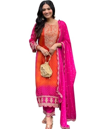 The Red Lion Enterprise Stylish Straight Kurti with Elegant Embroidery – 3pc Anarkali Suit for Women (US, Alpha, Small, Regular, Regular, Orange)