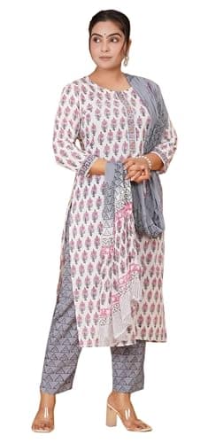 IMTRA FASHION Pure Cotton Straight Kurta Pant Set for Women Printed Suit Indian Kurti Pants with Dupatta-White & Grey-(3X-Large)