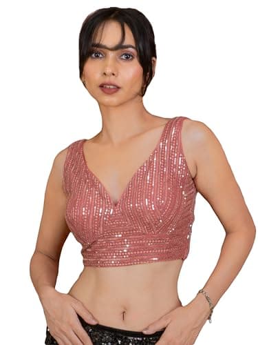 FIGURE'S DESIGNER Women's Sequin Embroidered SabyaSachi Cut Sweetheart V Neck Sleeveless Readymade Saree Blouse E30