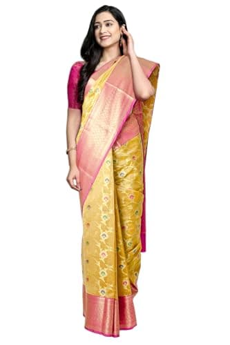 Chandrakala Sarees for Women Cotton Silk Blend Meenakari Indian Traditional Sari with Unstitched Blousepiece, Beige (1419BEI)