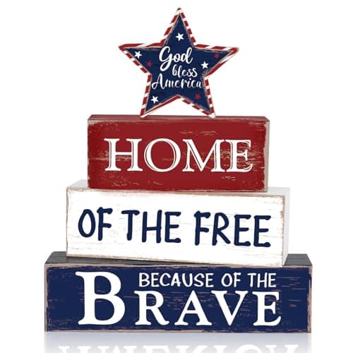 4th of July Decorations Patriotic Memorial Day Table Sign Independence Day Table Centerpieces Indoor Wood Decorations Desk Red White Blue Block for Home Office Tiered Tray Shelf 250th Anniversary