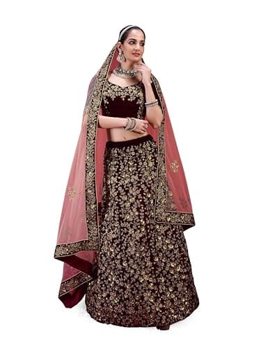 TRENDMALLS Women's Velvet Embroidery Bridal Lehenga Choli with Net Dupatta Ready To Wear (L253-Maroon-XXL)