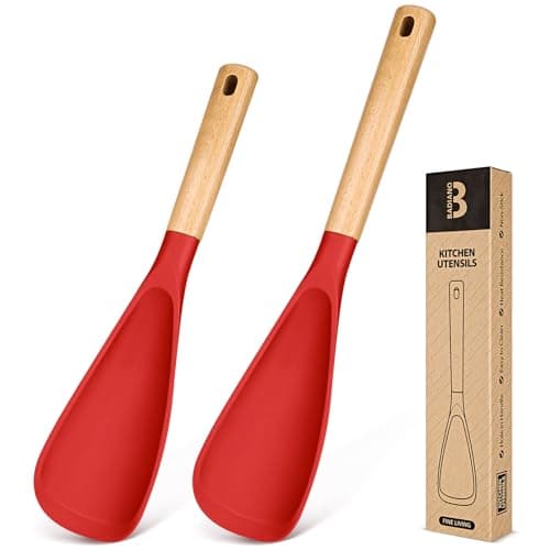 Multifunction Spoon for Nonstick Cookwares, Great for Cooking and Serving, Sturdy BPA-Free Matte Silicone, Wood Handle spoonula for Mixing, Scoop, and Scrape, Red(2 pack,11.4" & 13.4")