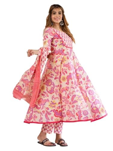 INDACORIFY Indian Printed Cotton Kurti Purple And Cream Pure Cotton Anarkali Kurta Bottom Dupatta 3 Pcs Set (US, Alpha, 3X-Large, Regular, Regular)