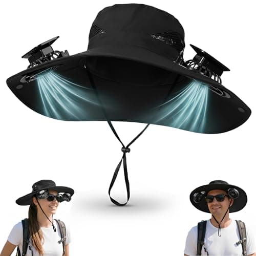 Outdoor Wide Brim Sun Hat with 2 Solar Fan Sun Bucket Hat for Men Women UPF 50+ Bucket, Fishing Essentials for Camping Hiking Beach Summer Safari (Black)