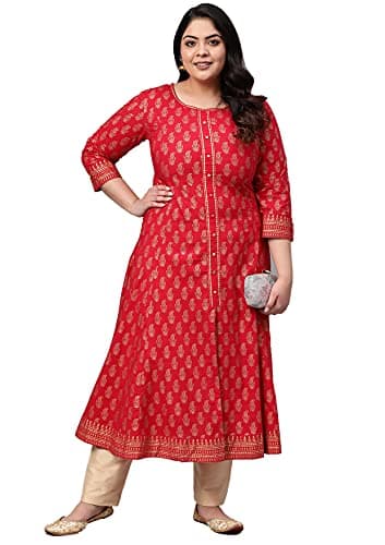 Yash Gallery Women's Cotton Gold Printed Anarkali Kurtis for Women (Red, L)