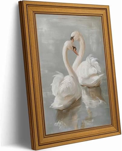 Rienkhu Gold Frame Vintage Wall Art Prints Decor Classical Swan Canvas Oil Painting Poster Pastel Watercolor Swan Vintage Art Pictures Farmhouse Wall Decor for Nursery Bedroom Bathroom Office 9x11in