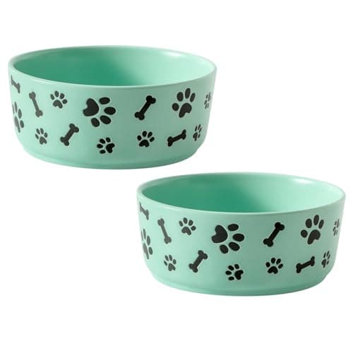 UBEE Ceramic Dog Bowl Set of 2, 5.5 inch Dog Food Bowl Dish with Bone Paw Pattern, Pet Food Water Dish Feeding Plates for Small Dogs, Puppy and Cat, Green