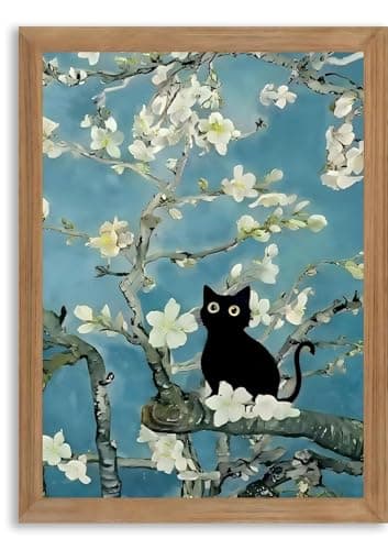AXILANG Black Cat Wall Art Framed, Vintage Floral Cat Canvas Painting, Funny Aesthetic Blue Almond Blossom Artwork, Cute Animal Wall Decor for Bedroom Bathroom Living Room, 8x10