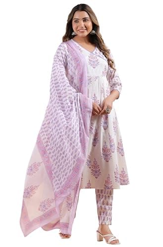 Janasya Indian Women's Cotton White Floral Print Casual Wear Kurta Set for Women