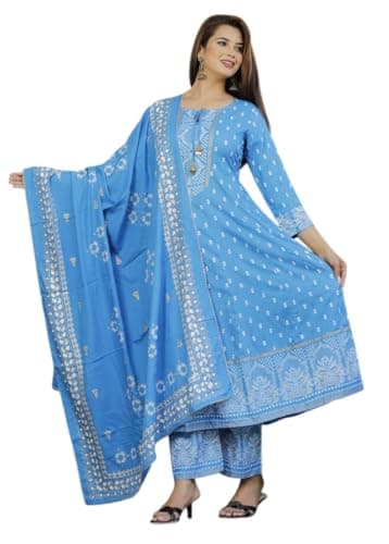 DC LUXXURA Jaipuri Rajasthani Rayon Anarkali Kurti with Palazzo Pant Dupatta Set for Women | 3-Piece Ethnic Indian Suit Set (Blue, Large)