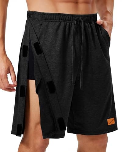 DRYXOVIS Men's Tear Away Shorts Hip/Knee Surgery Recovery Must Haves 8" Cotton Snap Pants Deep Pockets Adaptive for Elderly, Black, Large