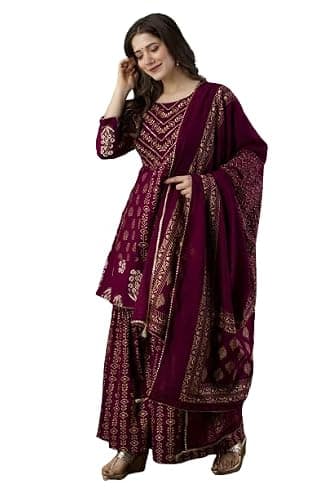 KUROCK Pakistani Kurti Sharara Set For Women's Rayon Mix Cotton Tunic Dupatta Set Indian Summer Dress (Wine-L)