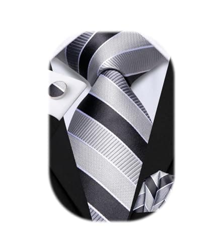 Hi-Tie Paisley Floral Ties Set for Men Silk Mens Black Grey Stripes Necktie Pocket Square Cufflinks Set Formal Business