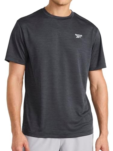 Reebok Men’s Trophy Short Sleeve Crewneck T-Shirt, Standard Fit, Breathable Stretch Poly Jersey Knit Fabric, Black Heather, Large