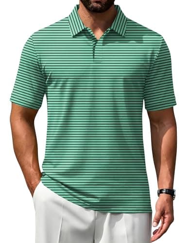 Poriff Mens Golf Shirts Short Sleeve Moisture Wicking Performance Quick Fit Casual Collared Golf Polo Shirt for Men Green Stripe XL