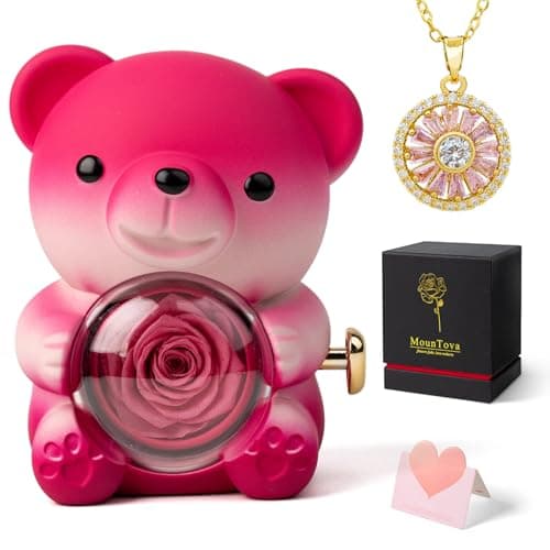 mountova Cute Teddy Bear with Preserved Rose and Necklace, Elegant Bear Roses Gifts with Hidden Jewelry Box for Women, Mom, Wife, Sister, Forever Eternal Rose Flower Decor
