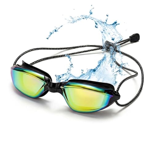 Aegend Swimming Goggles with Adjustable Bungee Strap - No Leak Anti-Fog Swim Goggles for Adults Men Women, Comfort Fit Mirrored/Clear Lens for Laps & Open Water
