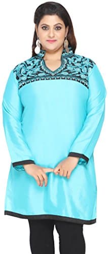 Maple Clothing Plus Size Women's Kurta Kurti Silk Kurta Top Embroidered India (Turquoise, 6XL)