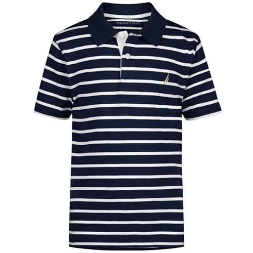 Nautica Boys' Short Sleeve Fashion Polo, Button Closure, Soft & Comfortable, Coast Stripe Blueprint, 10-12