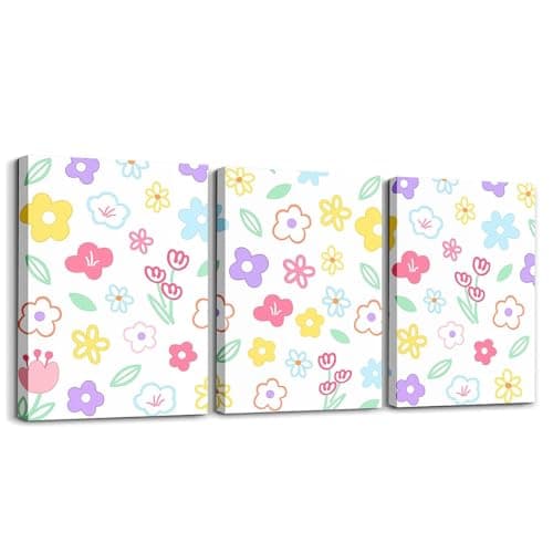 Feelyou Cute Flower 3 Piece Canvas Wall Art for Living Room Bedroom Colorful Floral Wall Art for Home DecorCartoon Hand-drawn Office Decor ArtworkBotanical Decor Picture Posters