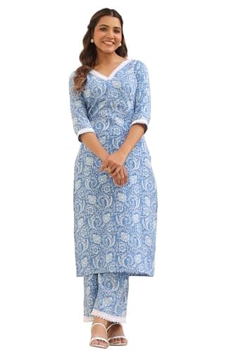 Janasya Indian Women's Cotton Blue Casual Wear Kurta Set for Women