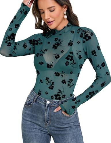 YYA Mesh Top for Women Long Sleeve Mock Neck Mesh Shirt Sparkly Silver Sheer Tee Shirts See-Through Top for Party Green XXL
