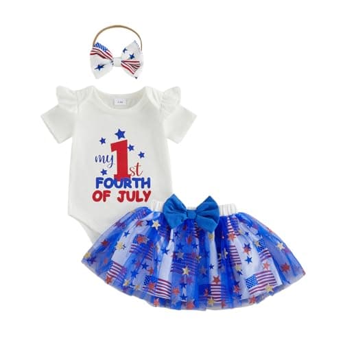 HYADRBLEBY My First 4th of July Baby Girl Outfit Newborn 1st Letter Romper Flag Stars Tutu Skirt 0-18 Month Girl Baby Dress (Flag White, 6-9 Months)