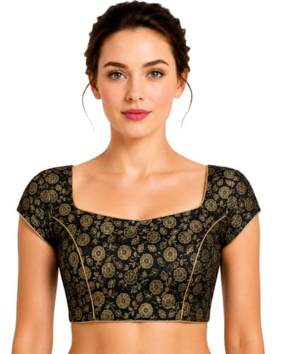 Chandrakala Women's Banarasi Brocade Saree Blouse | Art Silk Gold Zari Half Sleeve | Hook & Eye Closure | Wedding & Festive Wear | Black – XXL (B105BLA6)