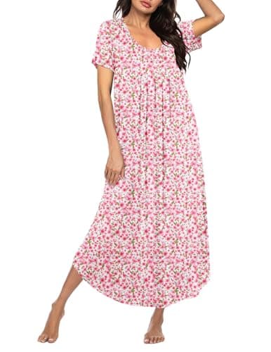 Ekouaer House Dresses for Womens Long House Coat Short Sleeve Night Gowns Comfy Sleepwear Print Loungewear Pink Flower XXL